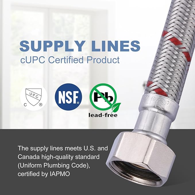 ARCORA 16-Inch Length Faucet Hose Connector Braided Stainless Steel cUPC Supply Lines 1/2-Inch FIP x 1/2-Inch FIP Faucet Hose Replacement 1 Pair