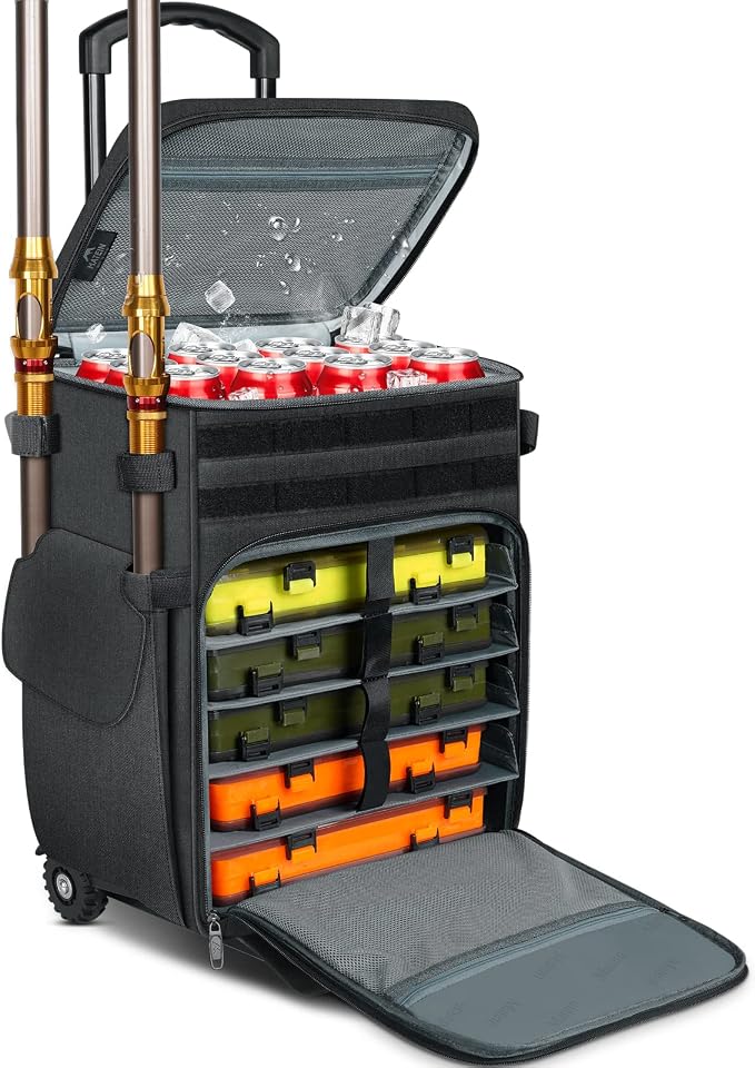 MATEIN Rolling Tackle Box with Cooler, Large Fishing Bag with Wheels for 5 Trays(Trays Not Included), Saltwater Resistant Tackle Backpack with Rod Holders for Storage Gear Pole Lures