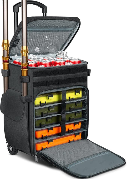MATEIN Rolling Tackle Box with Cooler, Large Fishing Bag with Wheels for 5 Trays(Trays Not Included), Saltwater Resistant Tackle Backpack with Rod Holders for Storage Gear Pole Lures