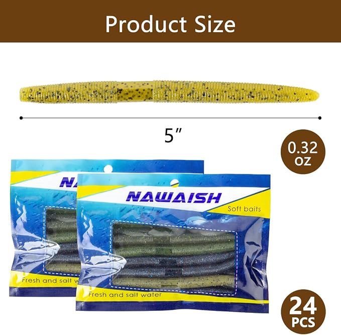 Senko Bait Soft Plastic Lures 5" Senkos 24 Pcs/100pcs for Wacky Rig Freshwater Fishing Green Pumpkin senko with Black Flake Pink Watermelon Double Color