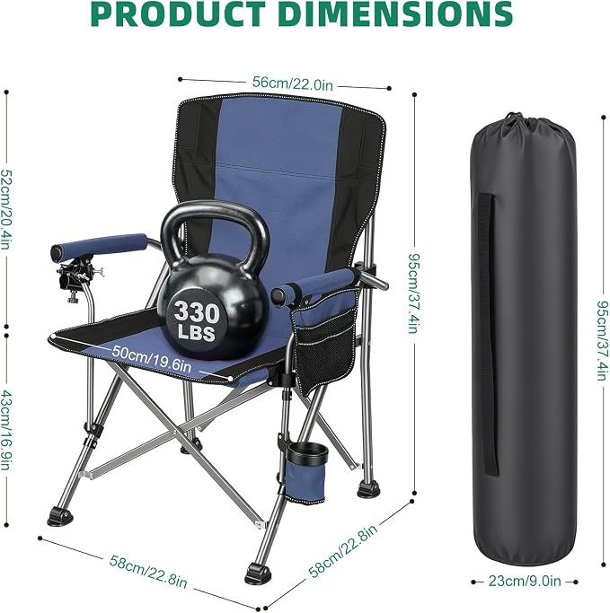 Folding Fishing Chair with Rod Holder, 150Kg Heavy Duty All Terrain Chair with Side Pocket, Cup Holder, Portable Adults Armchair for Outdoor, Camping, Garden, Beach, Lawn Blue