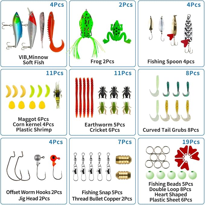 GOANDO Fishing Lures Kit for Freshwater Bait Tackle Kit for Bass Trout Salmon Fishing Accessories Tackle Box Including Spoon Lures Soft Plastic Worms Fishing Gifts