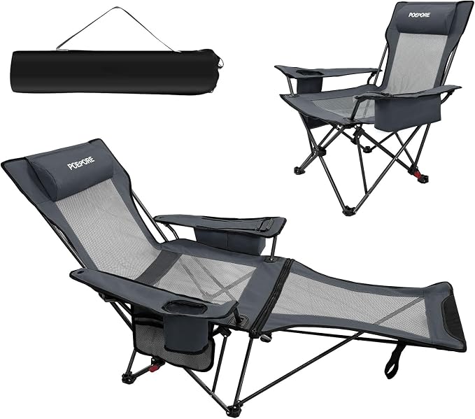 Reclining Camping Chair 4 Position with Foot Rest Comfortable for Adults 265Ibs Folding Lounger Mesh Beach Chair with Cooler Bag and Cup Holder for Outdoor Patio