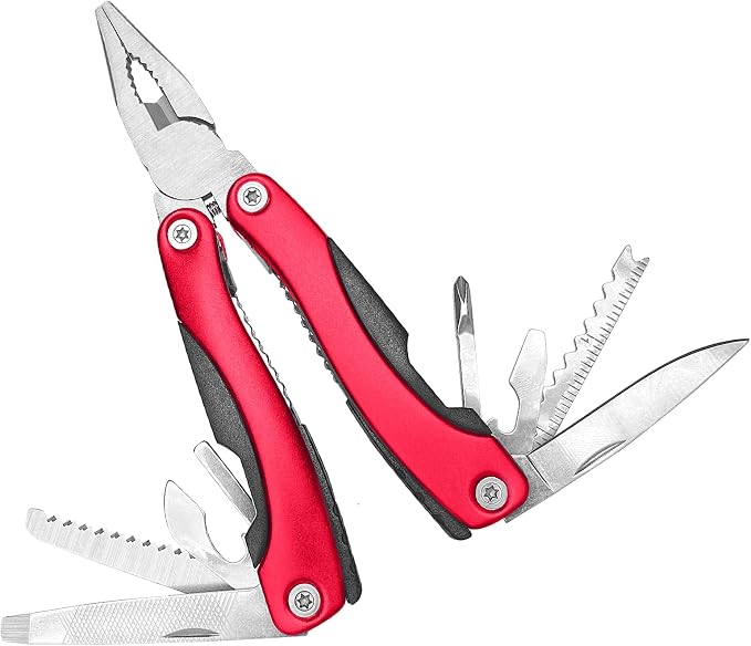 UNOONE 11-in-1 Multitool Pliers - Stainless Steel Pocket Knife with Pliers, Screwdriver & Bottle Opener - Aluminum Handle EDC Knives for Survival, Camping, Hunting, Hiking - Gift for Men Women (Red)