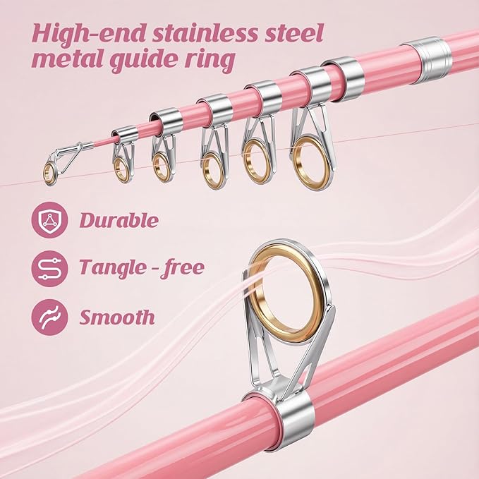 2PCS Pink Telescopic Fishing Rod Reel Combo, Portable Collapsible Spinning Pole with Smooth Reel, Lures Tackle Box Kit, Travel Bag Saltwater Freshwater Fishing Gear Gift for Women Girls Family