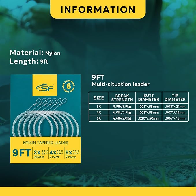 SF Pre-Tied Loop Fly Fishing Tapered Leader Nylon Clear Trout Freshwater Saltwater Bonefish Permit Bass Salmon Steelhead 7.5FT 9FT 10FT 12FT 15FT 0X 1X 2X 3X 4X 5X 6X 7X