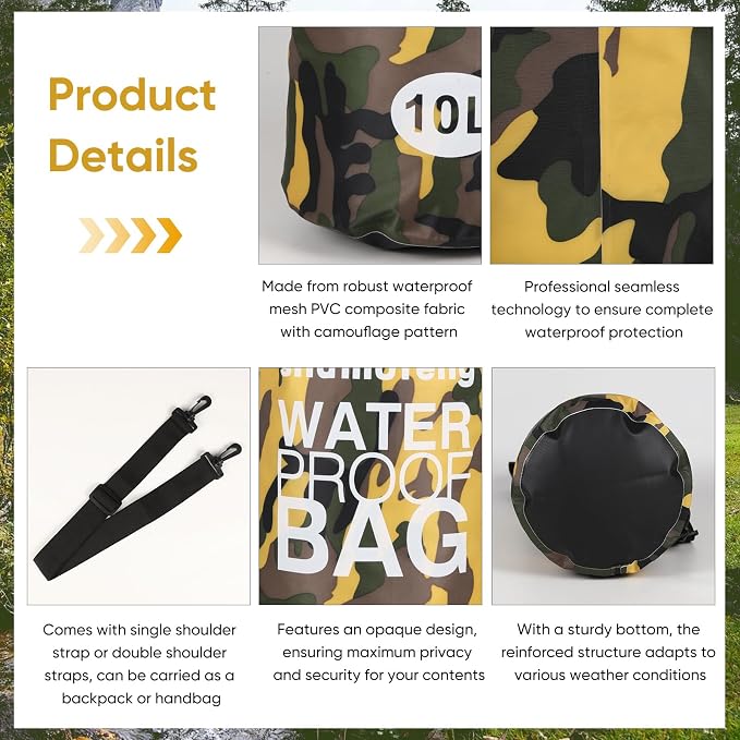 Waterproof Dry Bag 5L/10L/15L/20L/30L Roll Top Dry Storage Backpack with Phone Case, Collapsible Water Bottle, Sunglasses, Ear Band for Kayaking Boating Swimming Fishing Camping, Yellow 15L
