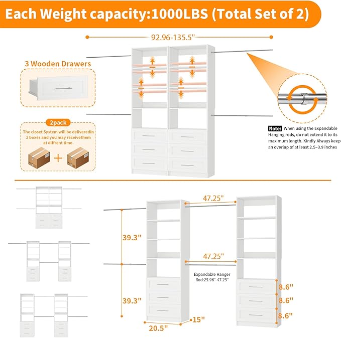 Closet System with 6 Drawers, 6FT-15FT Large Walk in Closet Organizer System with 8 Expandable Hanging Rods, Heavy Duty Wood Closet Storage System with 8 Shelves for Bedroom,White