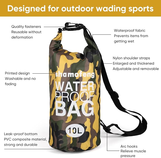 Waterproof Dry Bag 5L/10L/15L/20L/30L Roll Top Dry Storage Backpack with Phone Case, Collapsible Water Bottle, Sunglasses, Ear Band for Kayaking Boating Swimming Fishing Camping, Yellow 5L