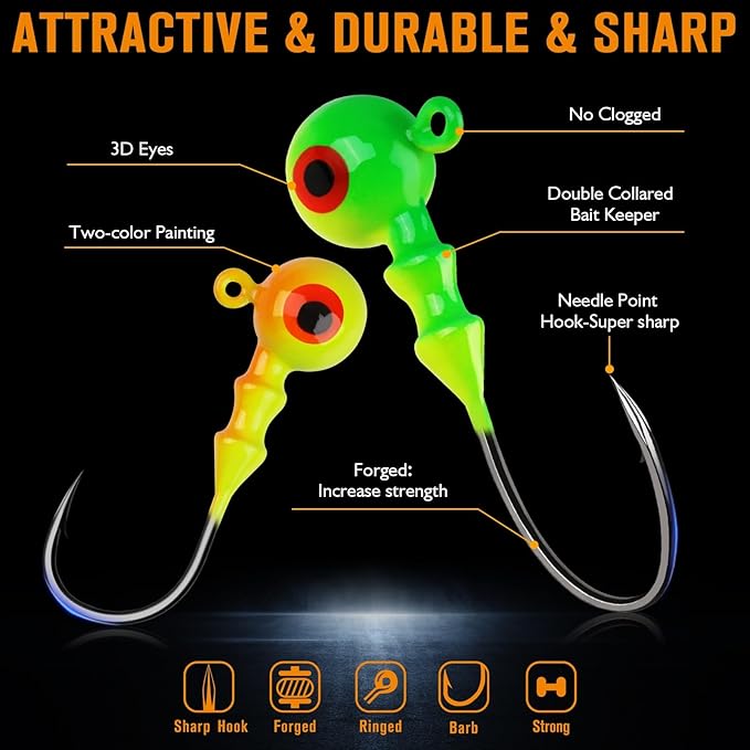 Dovesun Jig Heads for Fishing, Painted Jigheads with 3D Eye Ball Glowing Walleye | Bass | Crappie jigs 1/2oz 3/8oz 1/4oz 1/5oz 1/8oz 1/10oz 1/16oz 1/32oz Fishing Jig Hooks Assortment 15-40pcs