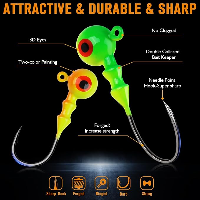 Dovesun Jig Heads for Fishing, Painted Jigheads with 3D Eye Ball Glowing Walleye | Bass | Crappie jigs 1/2oz 3/8oz 1/4oz 1/5oz 1/8oz 1/10oz 1/16oz 1/32oz Fishing Jig Hooks Assortment 15-40pcs