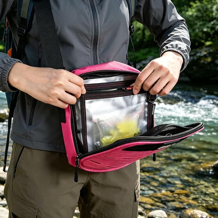 Goture Fishing Tackle Bag, Bait Storage Binder with Detachable PVC Clear Sleeves, 900D Water-Resistant Pink Sling Bag, Soft Bait Hooks Sinkers Fishing Accessories Storage for Saltwater & Freshwater