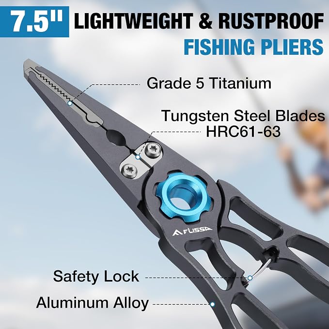 FLISSA Fishing Pliers, Safety Lock Design Fish Pliers Saltwater, Aluminum Hook Remover, Titanium 6Al-4V Jaw and Tungsten Carbide Line Cutters, Sheath & Lanyard, Fishing Gear Gifts for Men