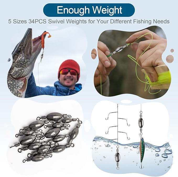 34Pcs Fishing Weights Swivel Brass Sinkers Fishing Weight, Bullet Sinker Weight Kit Tackle, Rolling Swivel Saltwater Freshwater Drop Shot Weights