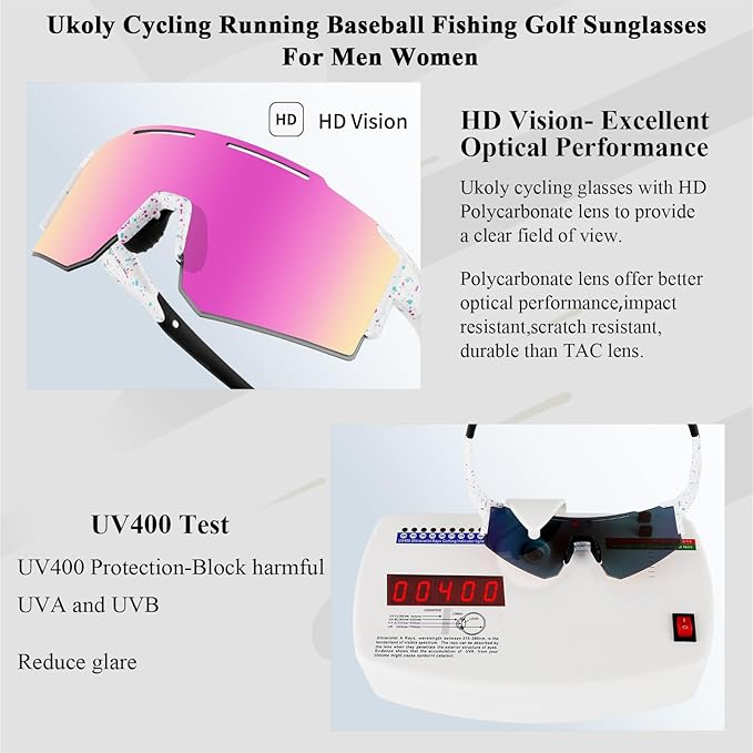 Ukoly Cycling Sunglasses for Men Women with 3 Interchangeable Lenses, Polarized Sports Sunglasses, Baseball Sunglasses