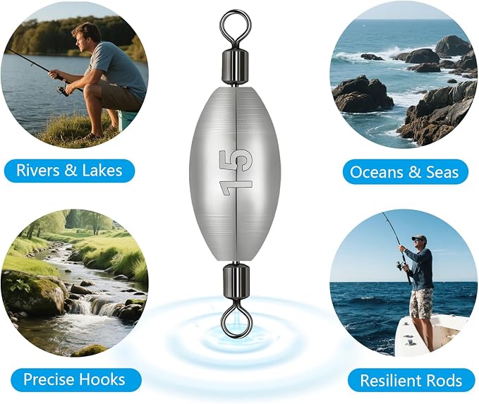 Polsefve Inline Trolling Fishing Weights with Inner Swivels, Oval Drop Casting Sinkers Lead Sinker Tackle for Catfish Bass Saltwater & Freshwater Bottom Fish(10g/15g/20g/30g/40g/60g)