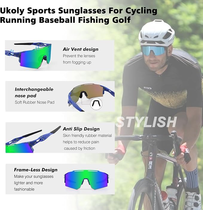 Ukoly Cycling Sunglasses for Men Women with 3 Interchangeable Lenses, Polarized Sports Sunglasses, Baseball Sunglasses