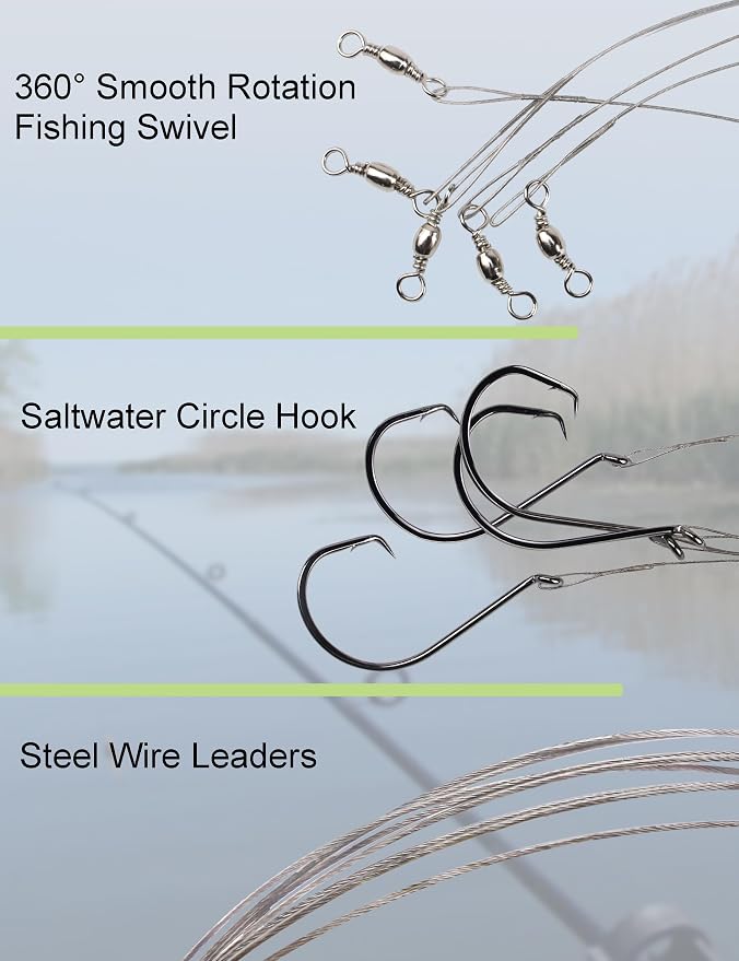 Pre-Rigged Fishing Hooks with Steel Wire Leader, Saltwater 30pcs Catfish Octopus Hooks Rig Anti-Bite Stainless Steel Trace Trout Hooks