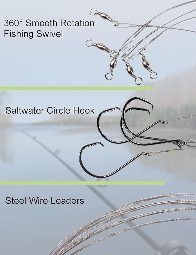 Pre-Rigged Fishing Hooks with Steel Wire Leader, Saltwater 30pcs Catfish Octopus Hooks Rig Anti-Bite Stainless Steel Trace Trout Hooks