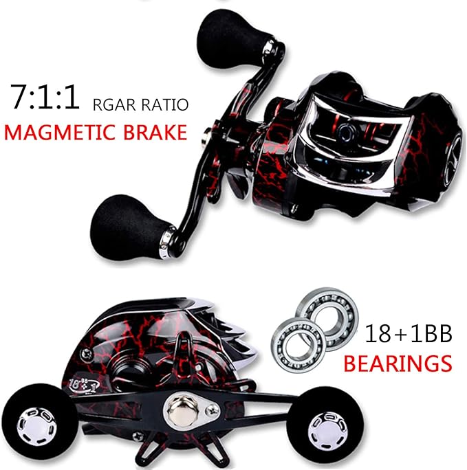Baitcasting Reels, 7.1:1 Gear Ratio Ultra Smooth Aluminum Spinning Fishing Reel with 10 Magnetic Braking System, 22LB Carbon Fiber Drag, 18+1 Ball Bearings Anti-Corrosion Baitcaster Reel