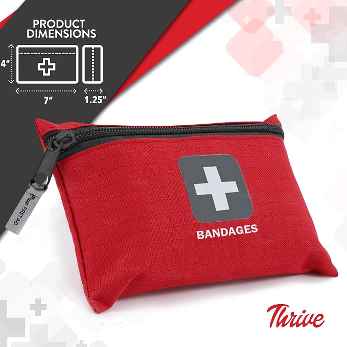 Thrive Fabric Adhesive Bandages Variety Pack - Zipper Pouch for Travel First Aid Kit - Waterproof & Latex-Free for Camping First Aid Kit - Multi-Size Strips for Medkit - Pack of 305, Red