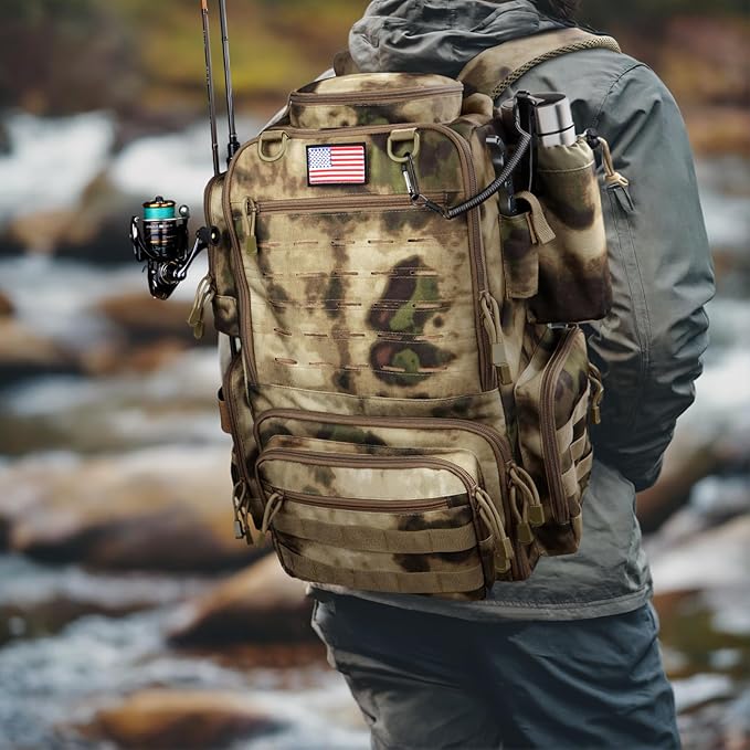 Fishing Backpack, Fishing Tackle Backpack with Rod Holders for 4 Boxes (Box Not Included) 45L Waterproof Fishing Gear, Ideal for Men and Women Large Tackle Box Bag (Sahara Khaki Camo)
