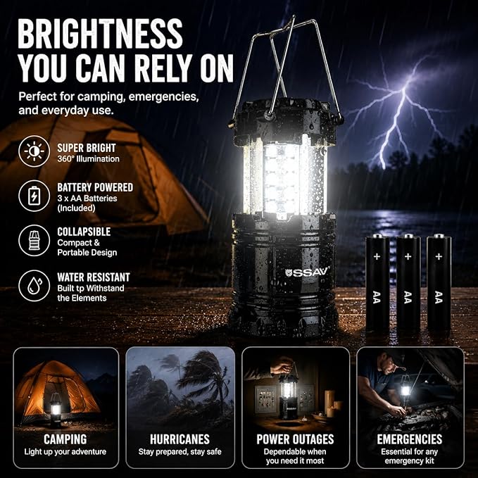 SSAV LED Camping Lantern, Emergency Lanterns for Power Outages & Hurricane Preparedness, Collapsible Portable Survival Lights for Camping, Storms & Emergencies, Batteries Included (4, Black)