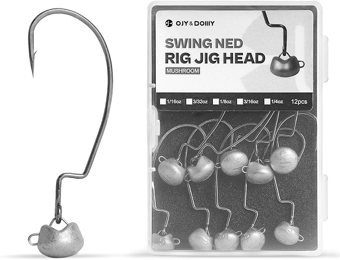 OJY&DOIIIY Swing Weedless Ned Rig Jig Heads, 12 Pack Finesse Mushroom Shaky Jigheads 1/16 3/32 1/8 3/16 1/4oz for Bass Fishing