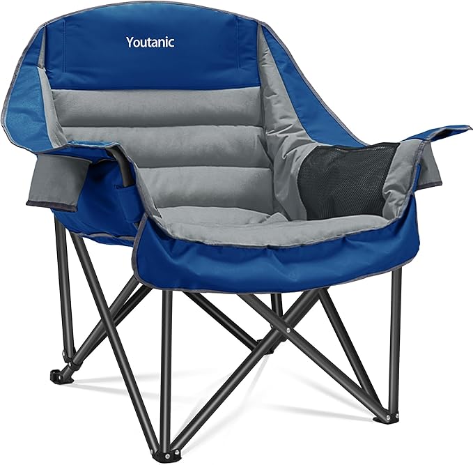 Youtanic Oversized Extra Large Padded Camping Chair, up to 400lbs, Folding Camping Chairs with Side Pocket, Carry Bag, Heavy Duty Outdoor Camp Chairs for Adults, Fishing, Sports, Trip, Gray-Blue