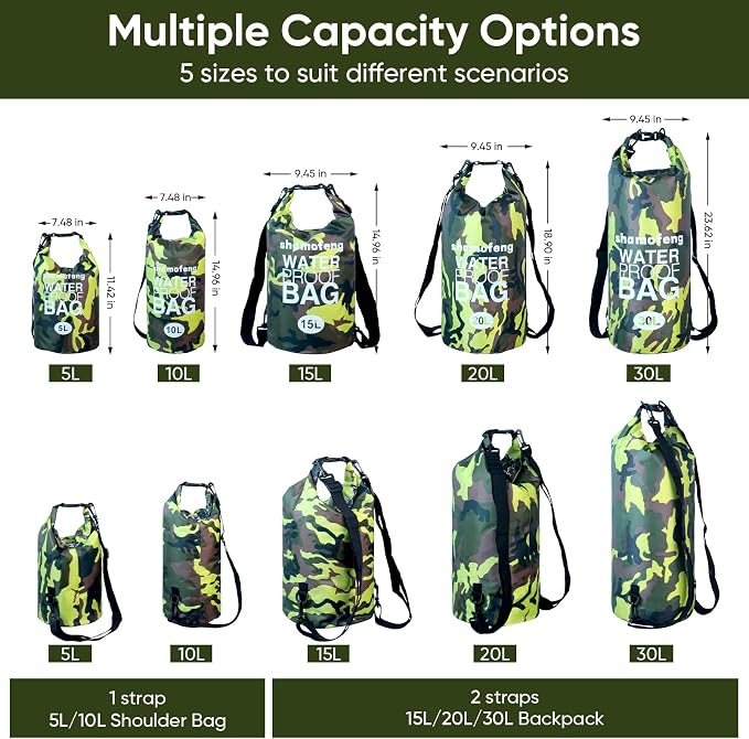 Waterproof Dry Bag 5L/10L/15L/20L/30L Roll Top Dry Storage Backpack with Phone Case, Collapsible Water Bottle, Sunglasses, Ear Band for Kayaking Boating Swimming Fishing Camping, Green 20L