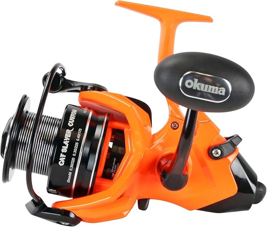 Okuma Cat Slayer Custom 6000 Baitfeeder Reel – Catfish Spinning Reel with Dual Force Drag, Flite Drive System & UV Reactive Neon Orange Finish, CSCF-6000NO