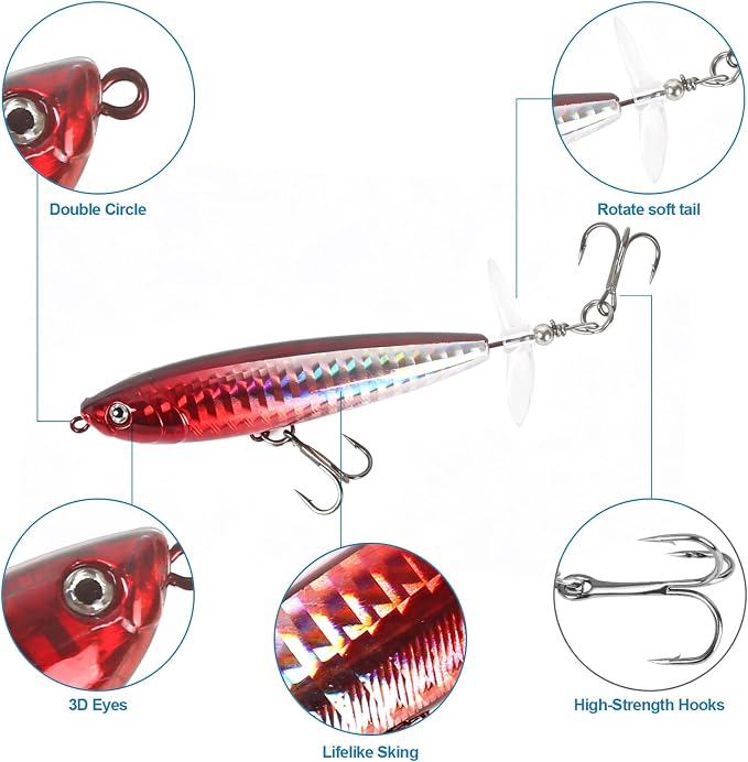 Whopper Fishing Lure for Bass：Popper Top Water Fishing Lures with Floating Rotating Tail Barb Treble Hooks Saltwater Freshwater Plopping Lures Kit