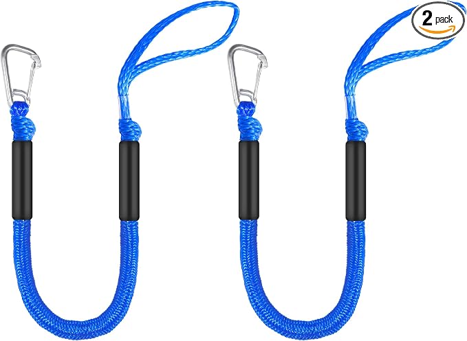 Boat Bungee Dock Lines – Adjustable Boat Tie Downs for Pontoon, Jet Ski, PWC, Kayak | Single Hook Small Cruiser Mooring Lines | (2, Blue, 3 Feet)