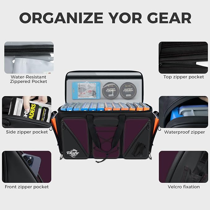 Handor Waterproof Fishing Tackle Bag, Large Saltwater Resistant Storage, 1000D PVC Material, Holds 3600 3700 Trays (Black and Purple, Large Bag)
