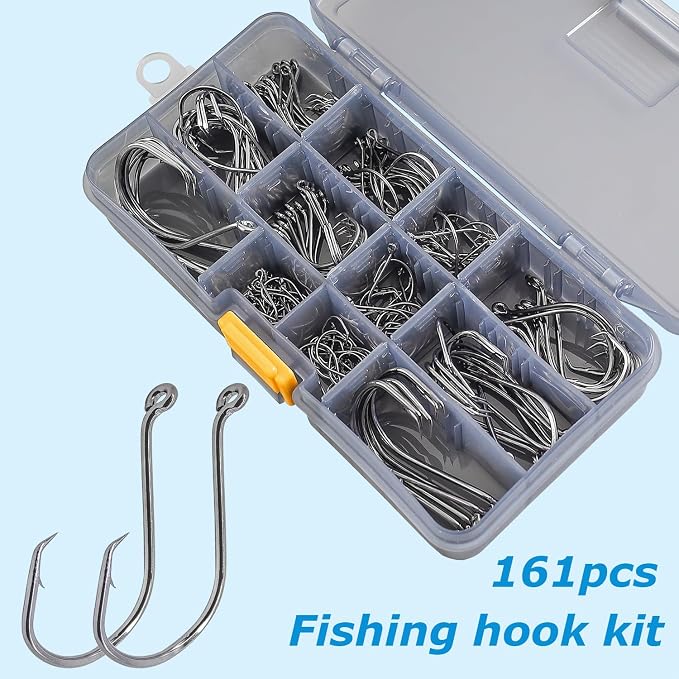 Fishing Hooks Set High Carbon Steel Catfish Bulk Strong Circle Fishing Hooks Mixed Size for Saltwater Freshwater 161PCS