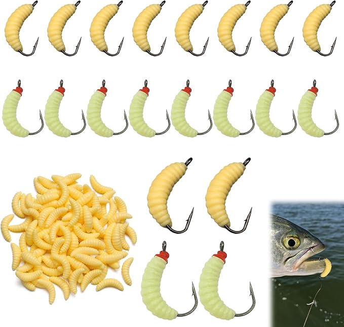 50PCS Bluegill Hooks Fishing Worms – 30PCS 22mm Soft Rubber Worms & 20PCS Maggot Bait for Bass, Panfish, and Trout, Bluegill Lures for Freshwater Fishing with Natural Nlbn Action