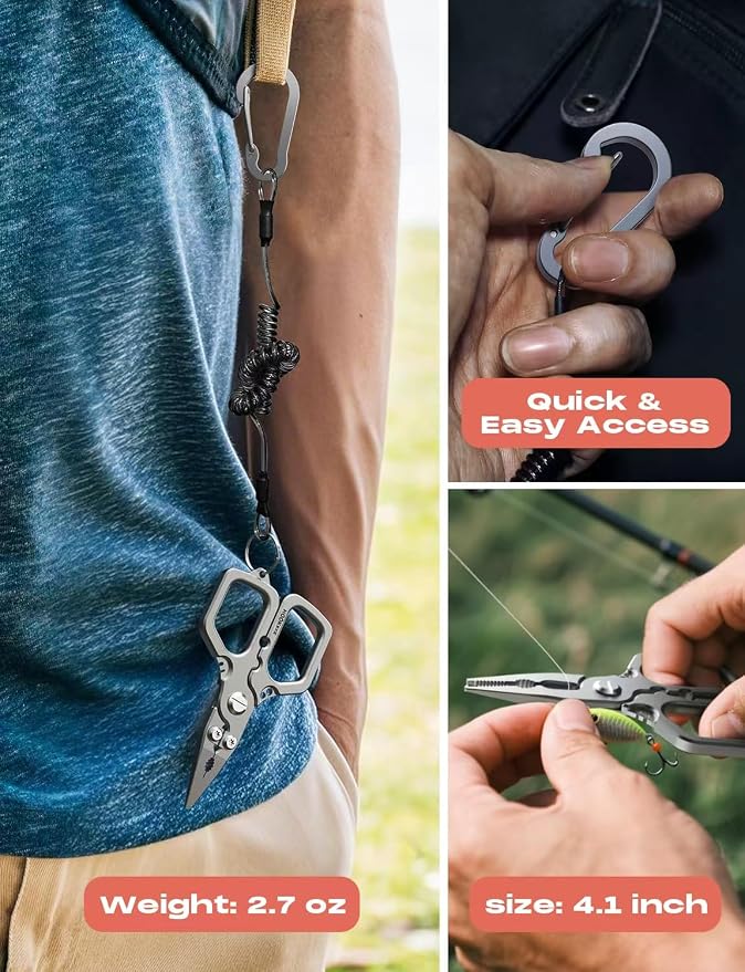 HOOK-EZE Multi-Function Fishing Pliers, Saltwater Resistant Fishing Scissors, Tungsten Cutters, Knot Tying Tool with Lanyard, Split Ring Hook Remover, Gifts for Men