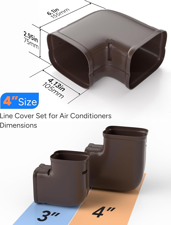Brown Flat Elbow, Flexible Level Bend Cover Line Set Cover Kit Accessories for Ductless Air Conditioners and Heat Pumps, PVC Decorative Upgraded UV-Proof Strong& Durable (4" Fixed)