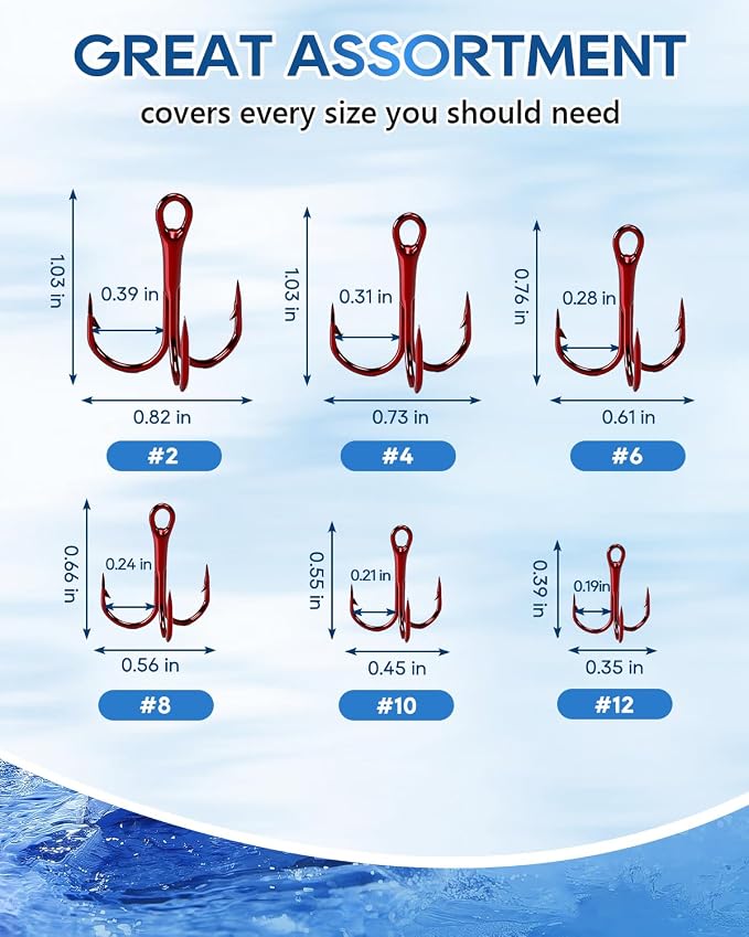 UCEC Fishing Hooks Treble Hooks Kit for Saltwater Freshwater, High Carbon Steel Strong Sharp Round Bend for Catfish Trout Hard Baits Lures, Size #1#2#4#6#8#10#12#14 110/50/210 Pack with Split Rings