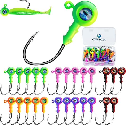 Round Jigs Heads for Fishing, 3D Eyes Ball Head Hooks with Stacked Cone Keeper, 1/8oz 1/5oz 1/4oz 3/8oz Crappie Jig Heads for Bass Fishing Trout Crappie Panfish Walleye