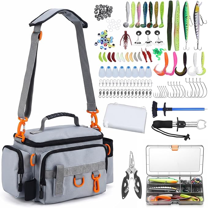 Fishing Tackle Bags with Tackle Box,Waterproof,Padded Shoulder Strap,Gear Storage,Fish Bag with 136 Pcs Fishing Lures Kit,Fish Hook Remover Tool,Fish Lip Gripper,Fishing Plier,Gifts for Men (Gray)