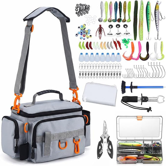 Fishing Tackle Bags with Tackle Box,Waterproof,Padded Shoulder Strap,Gear Storage,Fish Bag with 136 Pcs Fishing Lures Kit,Fish Hook Remover Tool,Fish Lip Gripper,Fishing Plier,Gifts for Men (Gray)