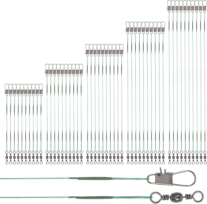 50 Pcs Fishing Leaders with Swivels, Steel Wire Fishing Leader High-Strength Anti-Bite Wire Leader Line Kit for Saltwater Freshwater, Connects Lures, Hooks, Rigs (Green, 4/6/8/10/12 Inch)