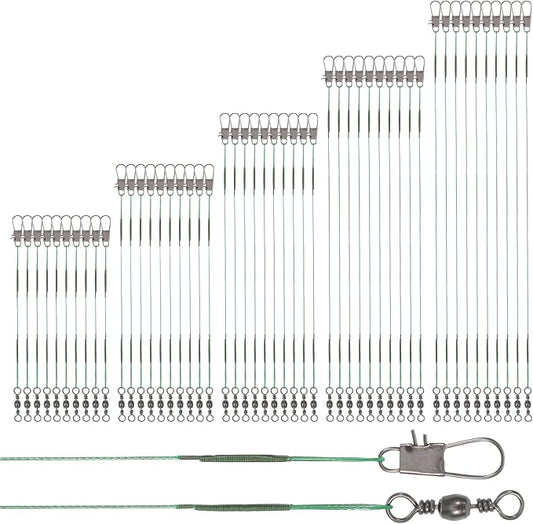 50 Pcs Fishing Leaders with Swivels, Steel Wire Fishing Leader High-Strength Anti-Bite Wire Leader Line Kit for Saltwater Freshwater, Connects Lures, Hooks, Rigs (Green, 4/6/8/10/12 Inch)