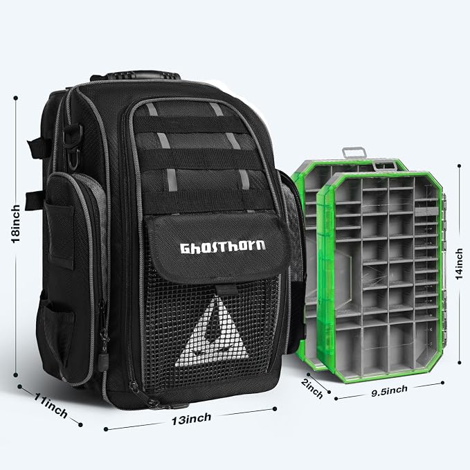Ghosthorn Fishing Backpack 2 * 3700 Tackle Boxes 40L Waterproof Tackle Backpack with Rod Holders Large Outdoor Storage Tackle Bag for Fishing Men Women