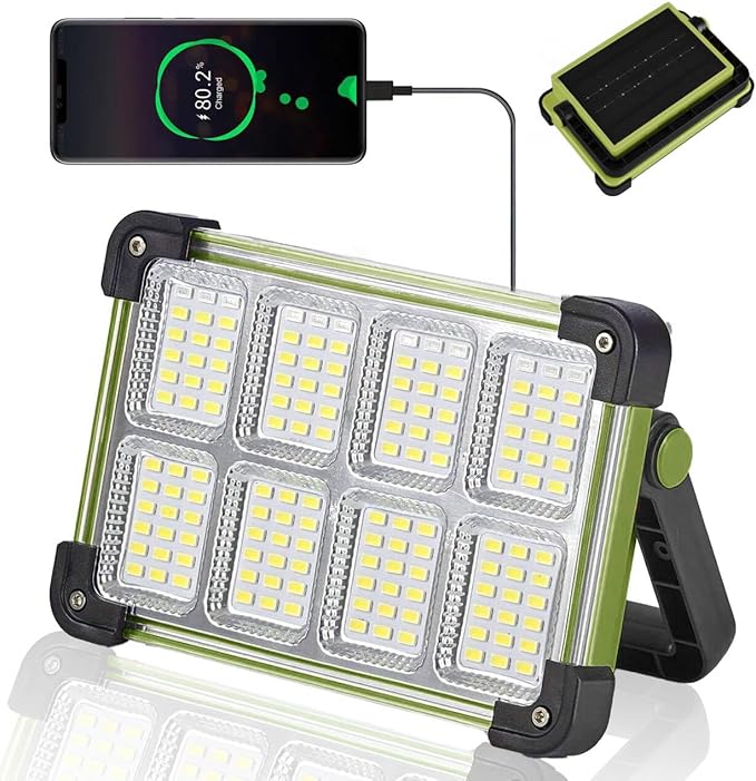 YXQUA 120W Solar Rechargeable Work Light, 144 LED Portable Flood Light with Stand, IP66 Waterproof 4 Modes LED Job Site Lighting Flashlights for Mechanic Camping Fishing Car Repair(Green 1 Pack)