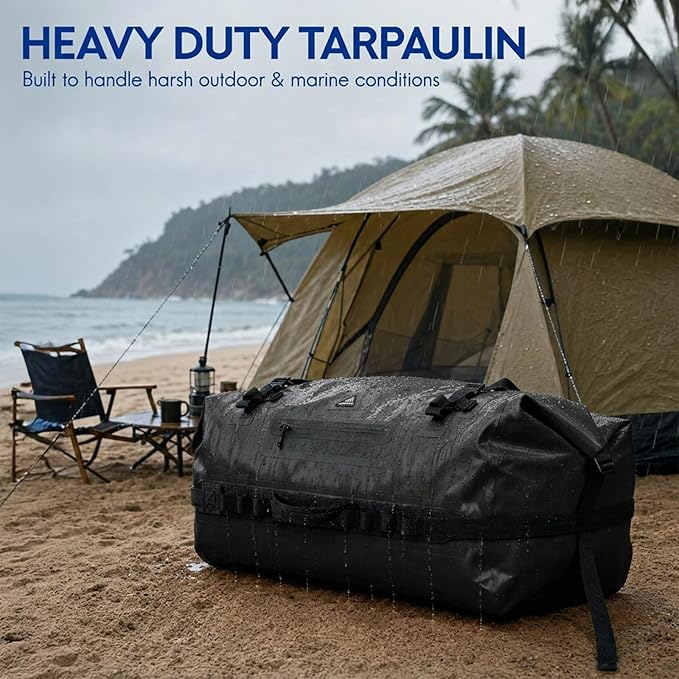Haimont IPX7 Waterproof Roll-Top Dry Duffel Backpack | 60L/90L Sizes, 500D Tarpaulin, Welded Seams, Mesh Pockets, Boating & Kayaking