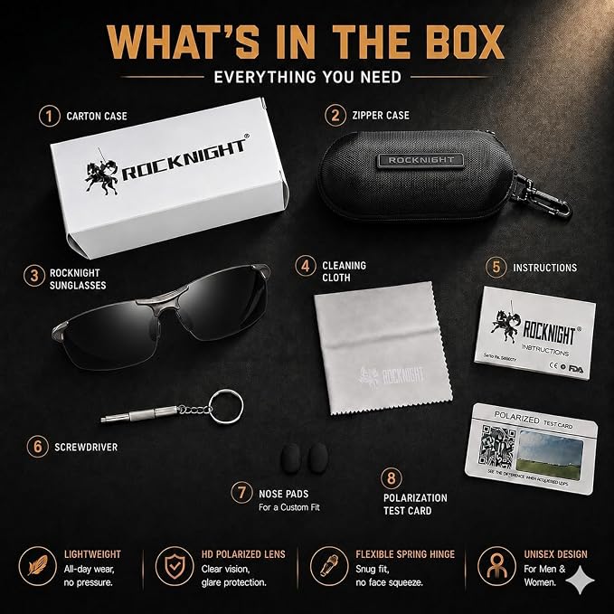 ROCKNIGHT Polarized Rectangular Sunglasses for Men Driving UV400 Protection Lightweight Al‑Mg Frame
