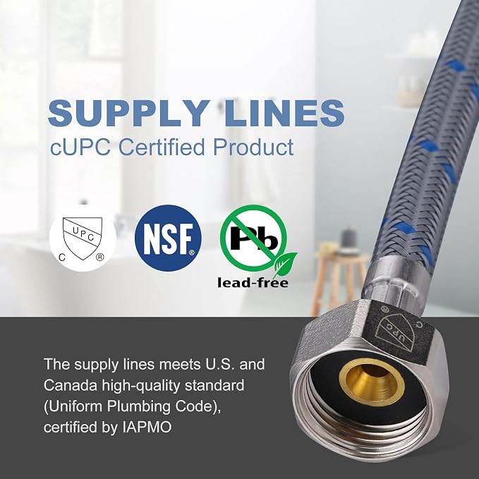 Faucet Supply Lines 3/8" Comp x 1/2" Comp Connector, ARCORA 9 Inch Length Bathroom Faucet Hose Braided Nylon Water Supply Line 3/8 Inch x 1/2 Inch Female Compression Connection 2Pcs (1 Pair)