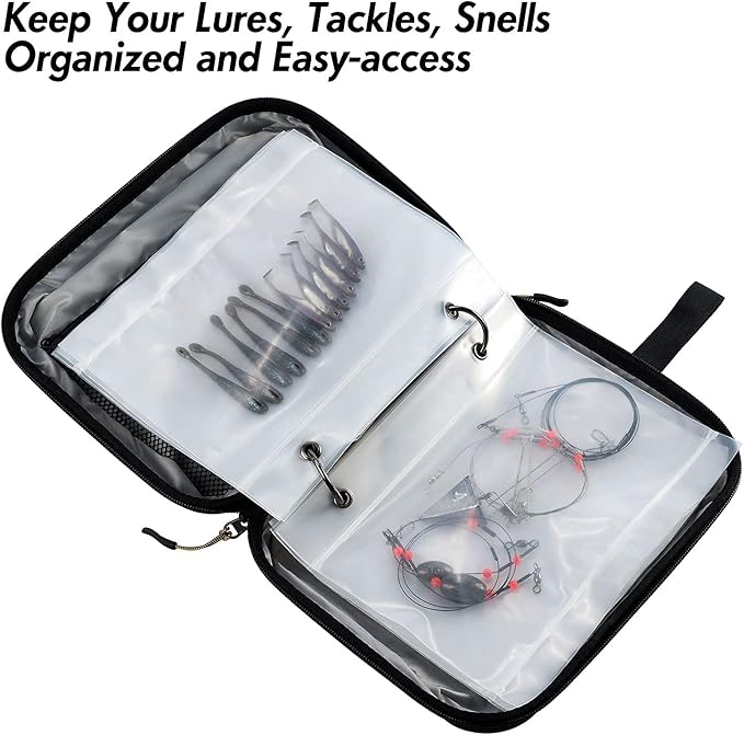Dr.Fish Soft Bait Binder Organizer, Lure Hard Cover Fishing Tackle Storage Binders, Organized Bag with 8 Waterproof PVC Pockets for Worm Snell Rigs Jigs Baits Wrap Wallet